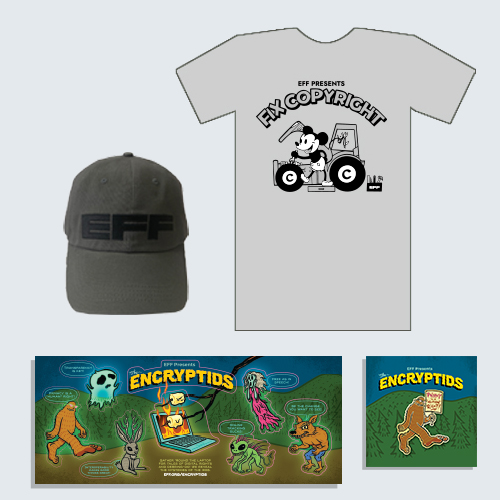 Donor Combo: Fix Copyright T-Shirt, Grey Hat, Encryptids Stickers, and Bigfoot Pin