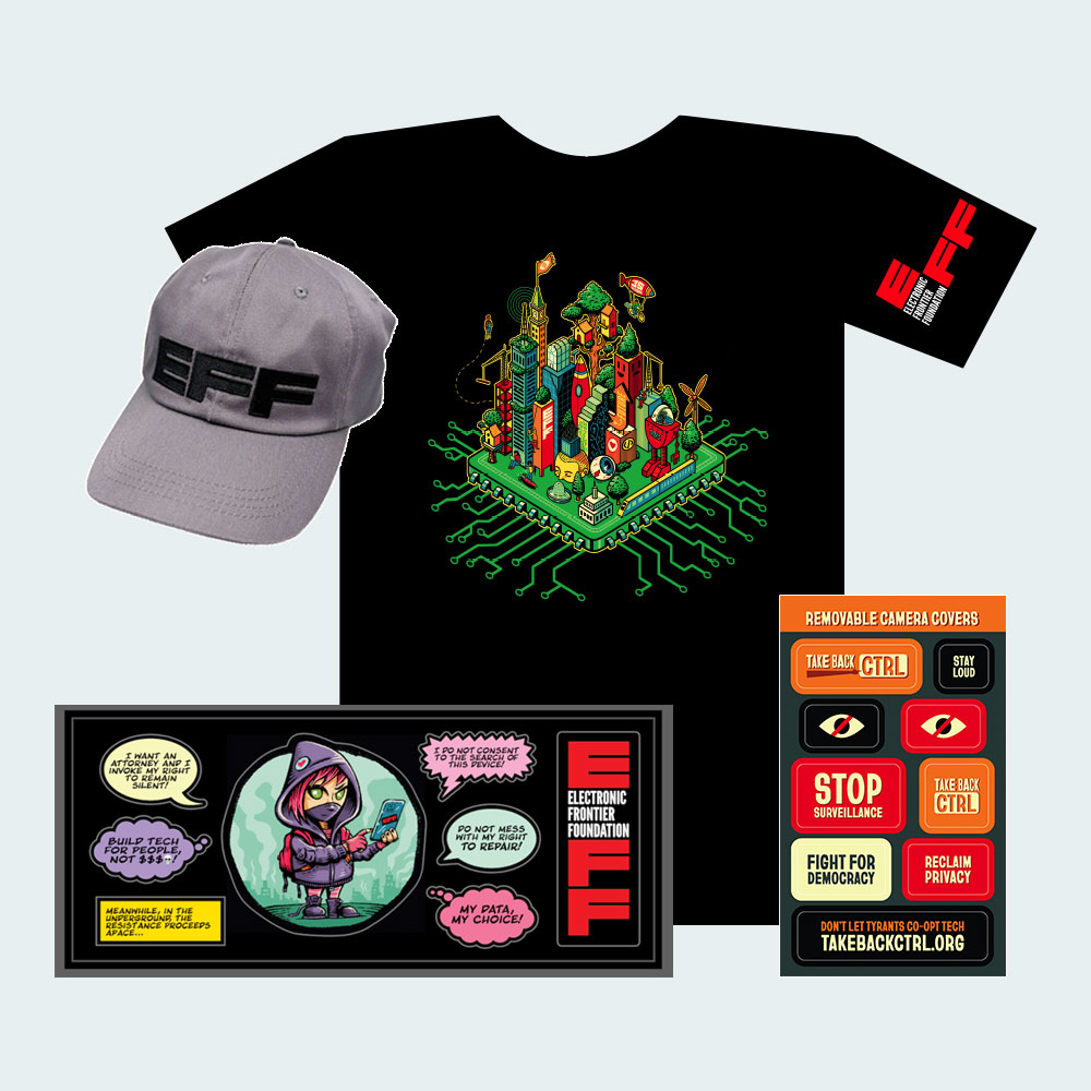 Donor Combo: EFF35 Cityscape T-Shirt, Sticker Sheet, Grey Hat, & Take Back CTRL Cam Covers