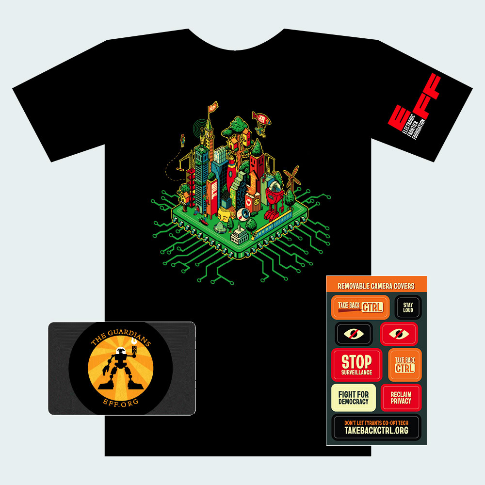 Guardian Combo: EFF35 Cityscape T-Shirt, Metal Member Card, & Take Back CTRL Cam Covers