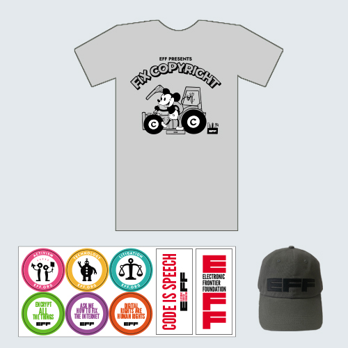 Donor Combo: Fix Copyright T-Shirt, Sticker Sheet, & Grey Hat